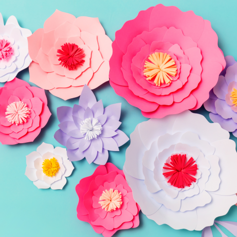 Pink, white, and purple paper flowers on a blue background