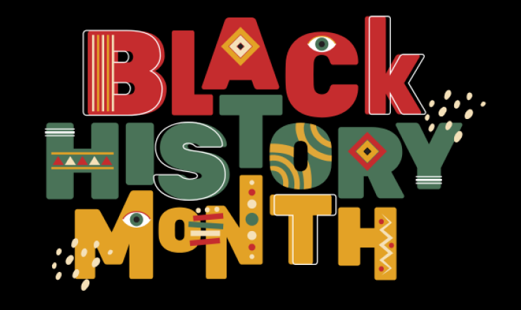 Graphic with Black History Month in text in red, green, and yellow stylized letters